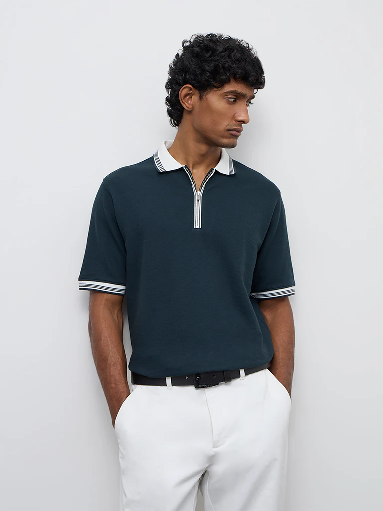 WES Casuals Teal Relaxed-Fit Textured Quarter-Zip Polo T-Shirt