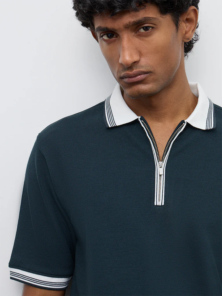 WES Casuals Teal Relaxed-Fit Textured Quarter-Zip Polo T-Shirt - Image 4
