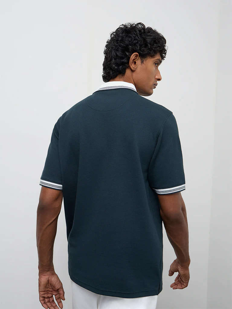 WES Casuals Teal Relaxed-Fit Textured Quarter-Zip Polo T-Shirt - Image 5