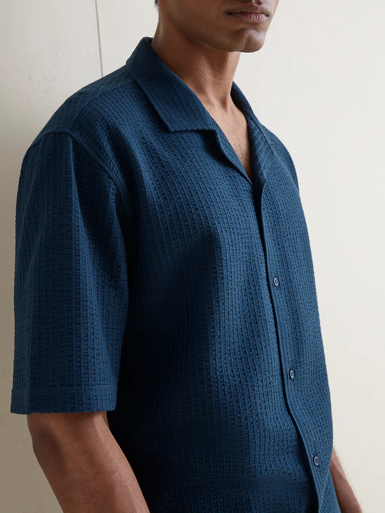 WES Casuals Teal Textured Relaxed-Fit Cotton-Blend Shirt - Image 3