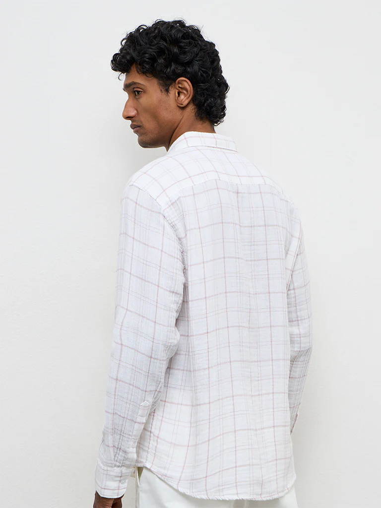 WES Casuals White Checkered Relaxed-Fit Cotton Shirt - Image 4
