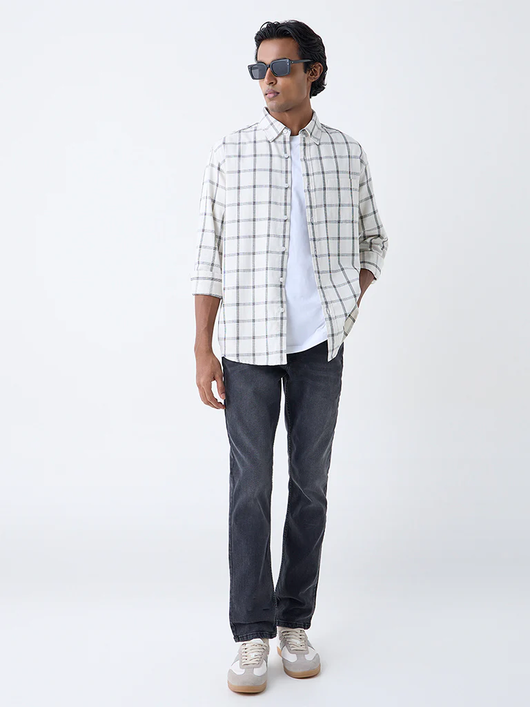 WES Casuals White Checks Printed Relaxed-Fit Cotton Shirt - Image 2