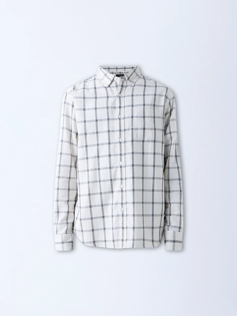 WES Casuals White Checks Printed Relaxed-Fit Cotton Shirt - Image 5
