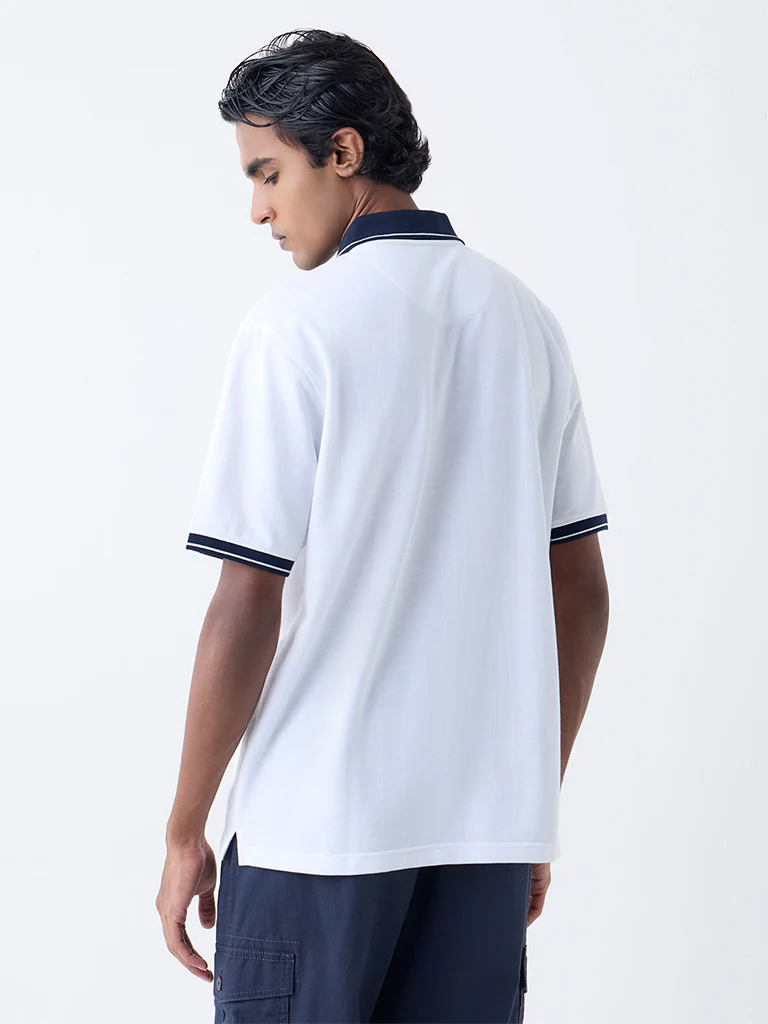 WES Casuals White Self Relaxed-Fit Cotton-Blend Polo T-Shirt - Image 5
