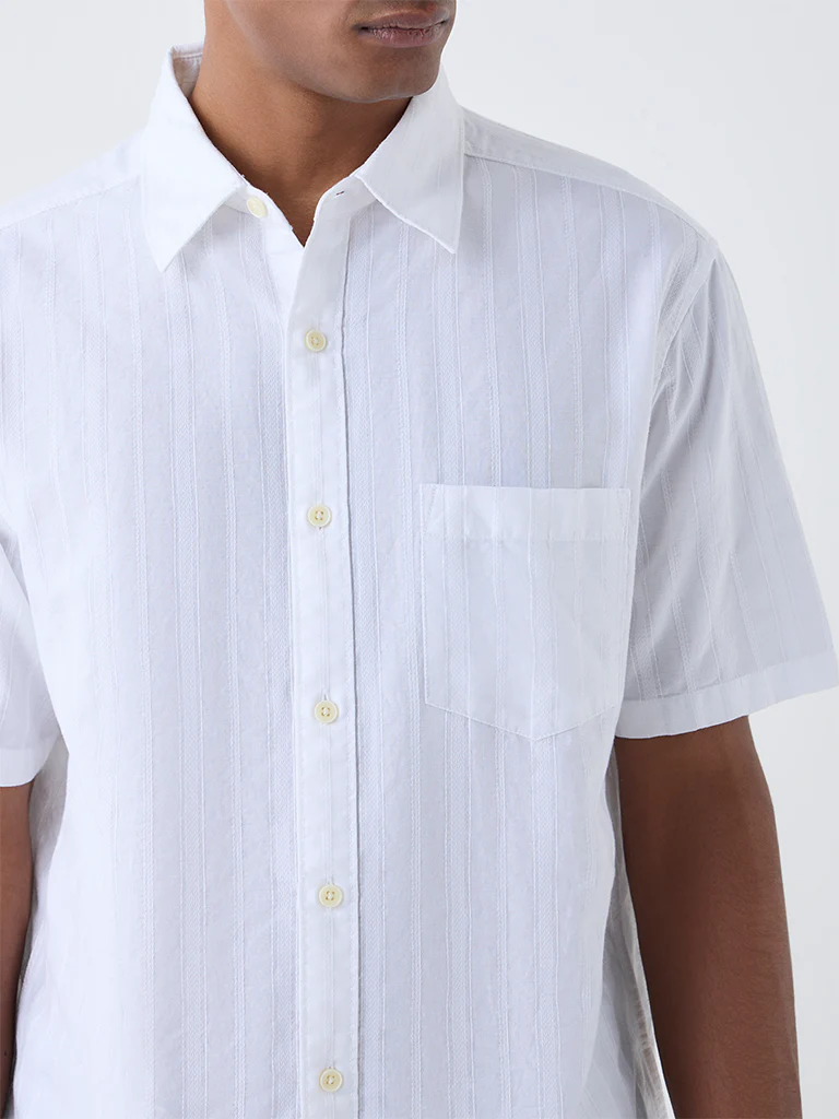 WES Casuals White Self-Striped Relaxed-Fit Cotton Shirt - Image 4