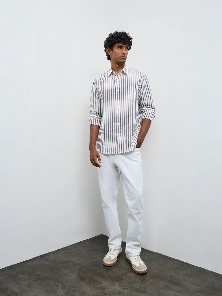 WES Casuals White Striped Relaxed Fit Cotton-Blend Shirt - Image 2