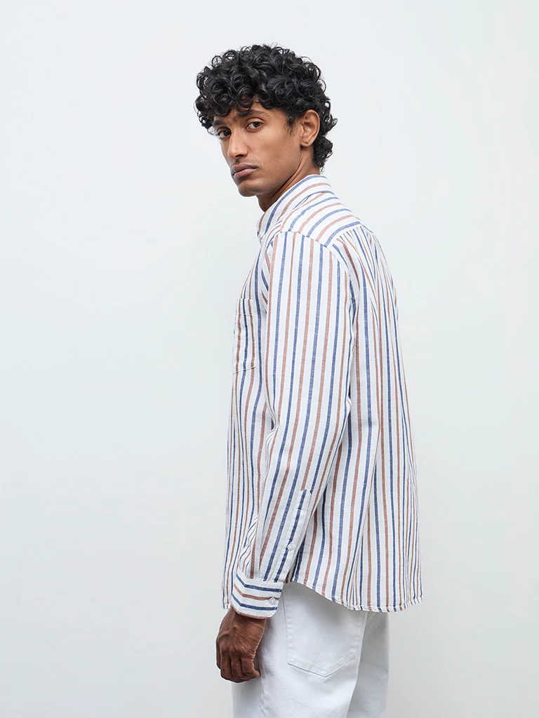 WES Casuals White Striped Relaxed Fit Cotton-Blend Shirt - Image 4