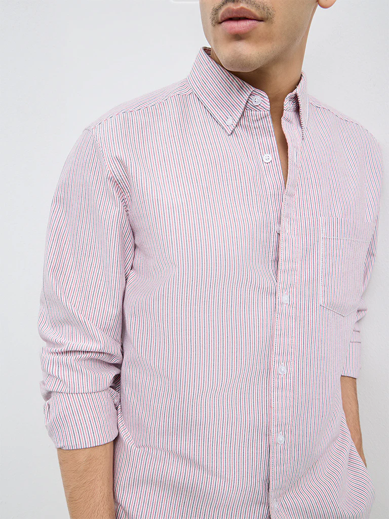 WES Casuals White Striped Relaxed Fit Cotton Shirt - Image 3
