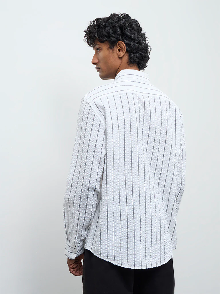 WES Casuals White Striped Relaxed Fit Cotton Shirt - Image 4