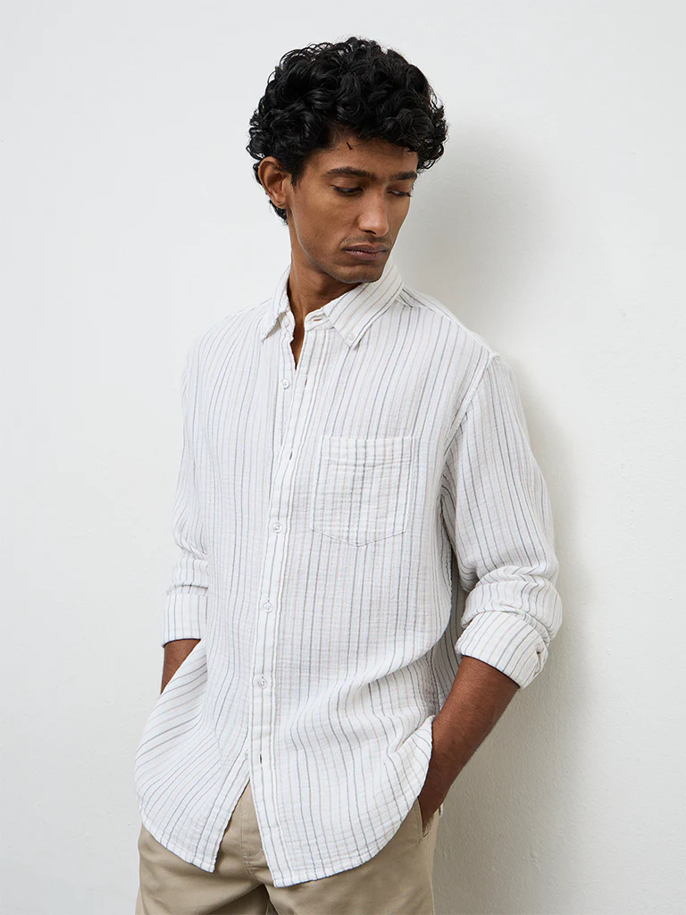 WES Casuals White Striped Relaxed-Fit Cotton Shirt - Image 2