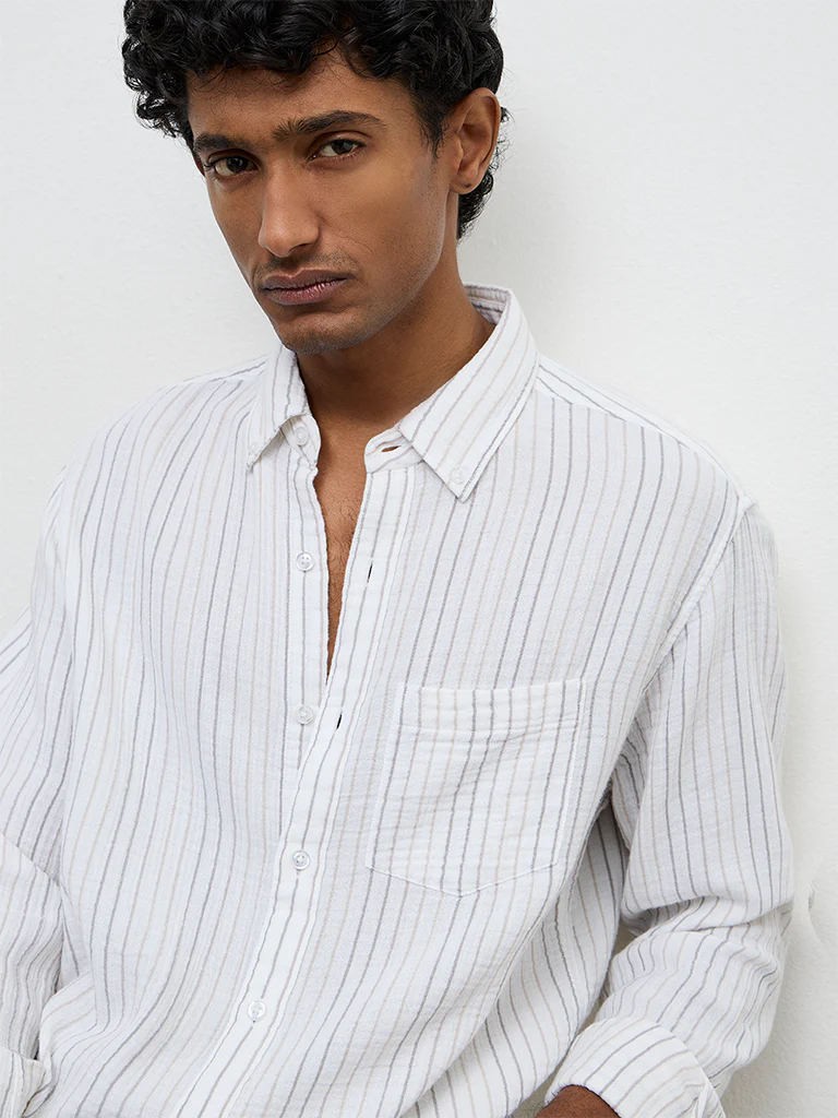 WES Casuals White Striped Relaxed-Fit Cotton Shirt - Image 3