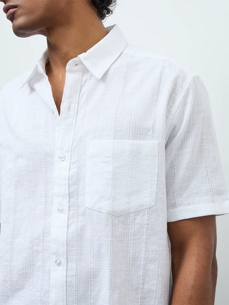 WES Casuals White Textured Relaxed Fit Cotton Shirt - Image 3