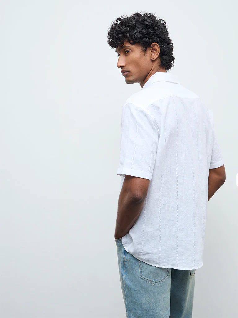 WES Casuals White Textured Relaxed Fit Cotton Shirt - Image 4