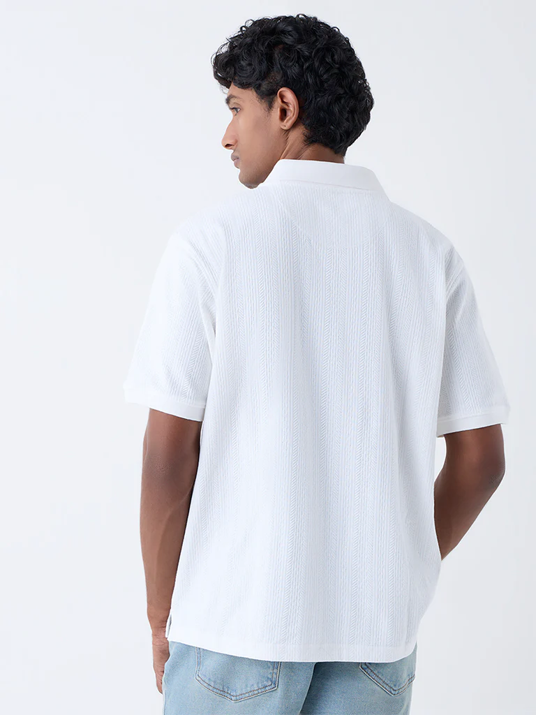WES Casuals White Textured Relaxed-Fit Polo T-Shirt - Image 5