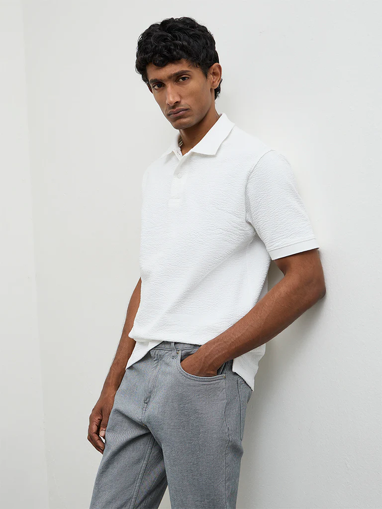 WES Casuals White Textured Relaxed-Fit Polo T-Shirt - Image 3