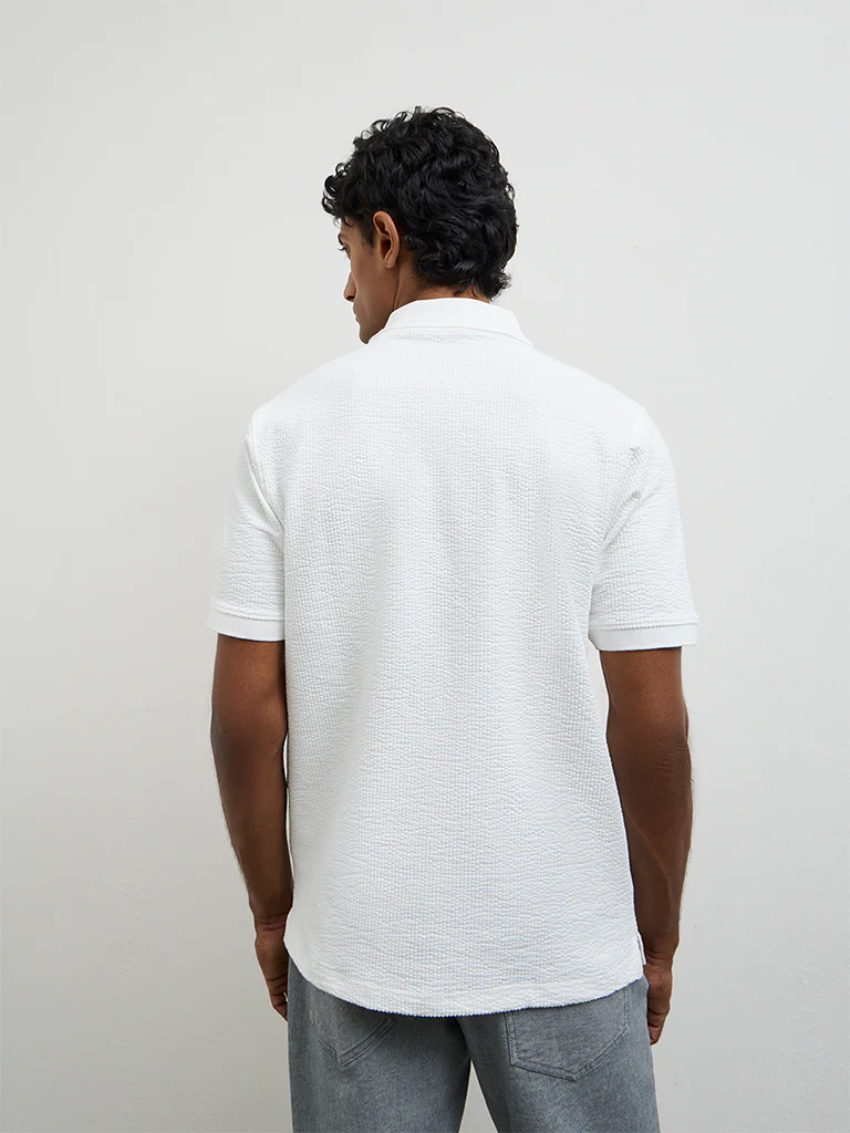 WES Casuals White Textured Relaxed-Fit Polo T-Shirt - Image 5