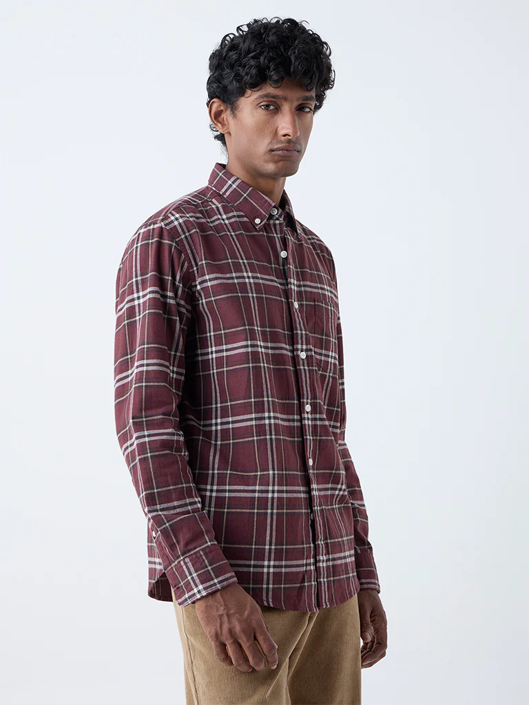 WES Casuals Wine Checkered Relaxed-Fit Cotton Shirt - Image 2