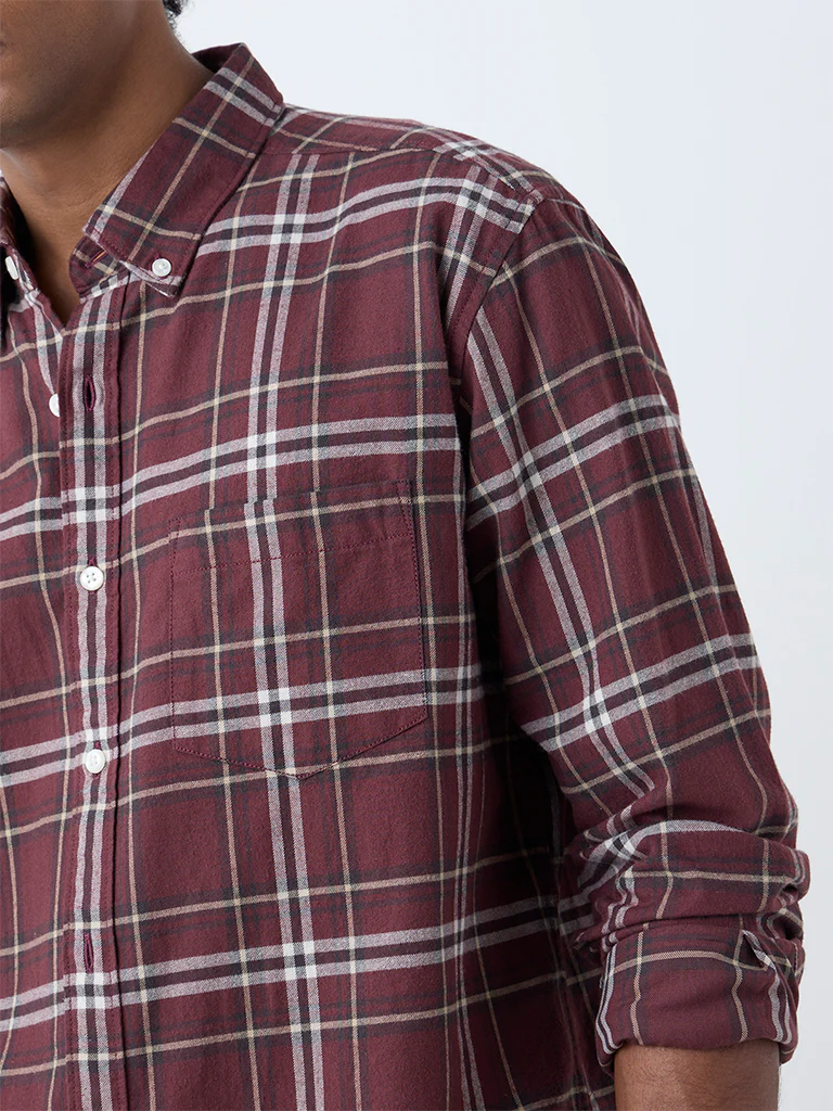 WES Casuals Wine Checkered Relaxed-Fit Cotton Shirt - Image 3