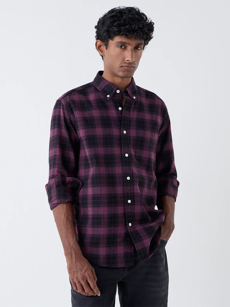WES Casuals Wine Checks Relaxed Fit Cotton Shirt - Image 2