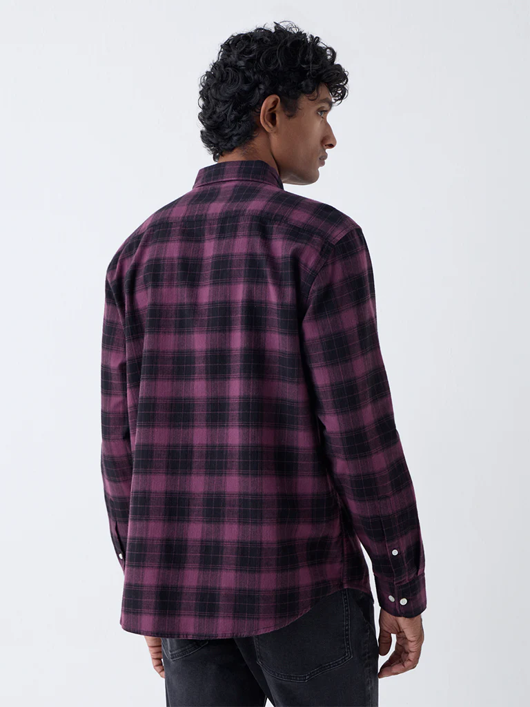 WES Casuals Wine Checks Relaxed Fit Cotton Shirt - Image 4
