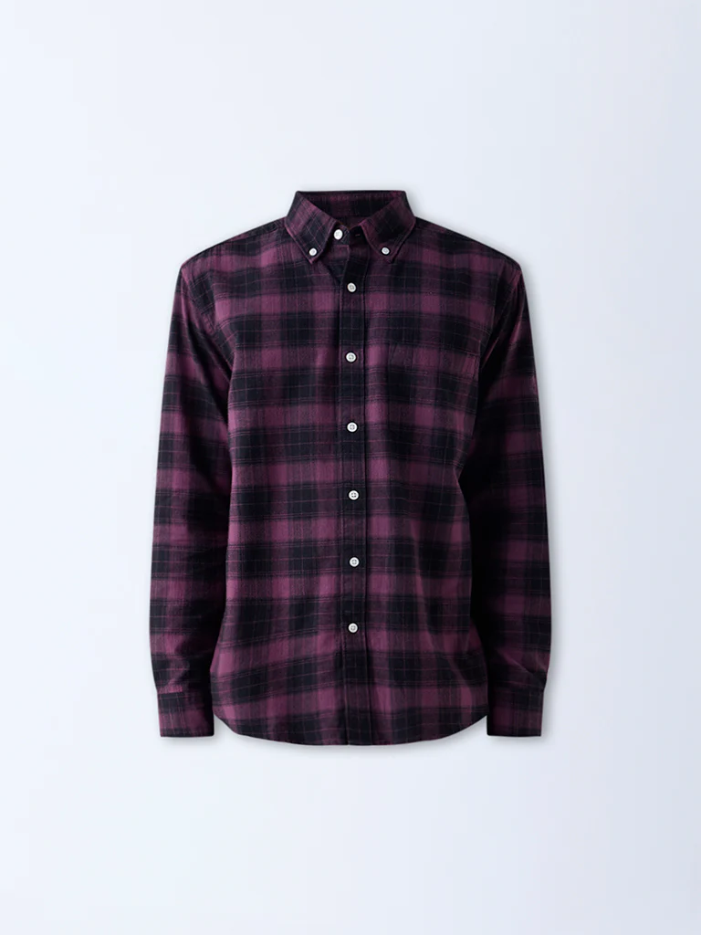 WES Casuals Wine Checks Relaxed Fit Cotton Shirt - Image 5