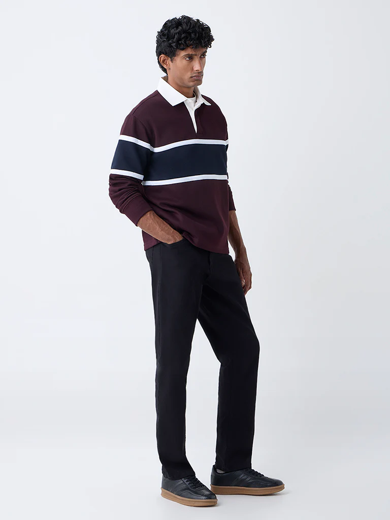 WES Casuals Wine Colour-Blocked Relaxed-Fit Polo T-Shirt - Image 3
