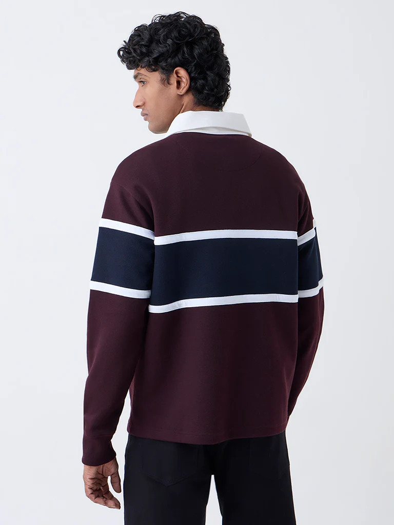 WES Casuals Wine Colour-Blocked Relaxed-Fit Polo T-Shirt - Image 5