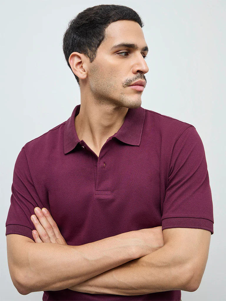 WES Casuals Wine Relaxed-Fit Cotton-Blend Polo T-Shirt - Image 4