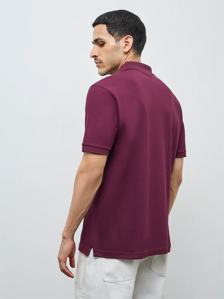 WES Casuals Wine Relaxed-Fit Cotton-Blend Polo T-Shirt - Image 5