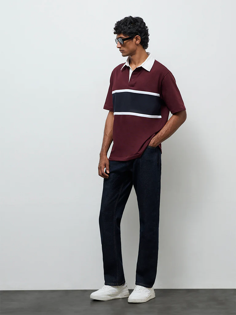 WES Casuals Wine Relaxed-Fit Cotton-Blend Polo T-Shirt - Image 3