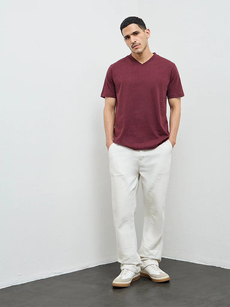 WES Casuals Wine Slim-Fit Cotton T-Shirt - Image 3
