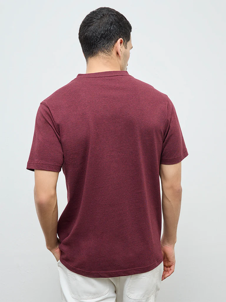 WES Casuals Wine Slim-Fit Cotton T-Shirt - Image 5