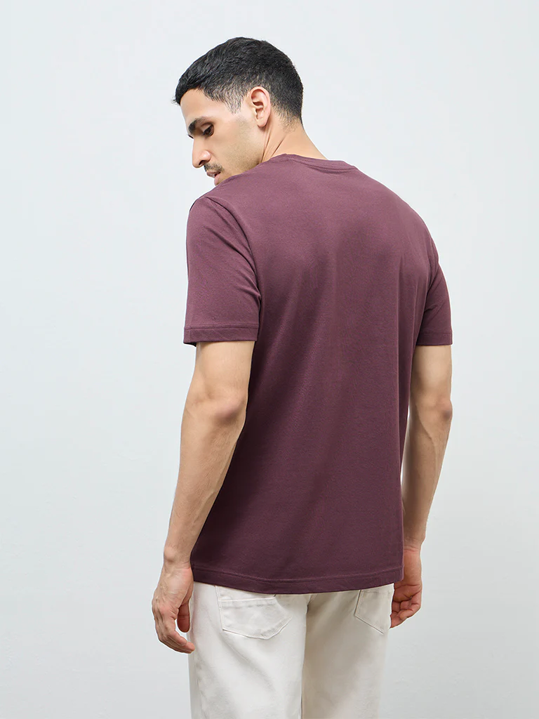 WES Casuals Wine Solid Slim-Fit Cotton T-Shirt - Image 5