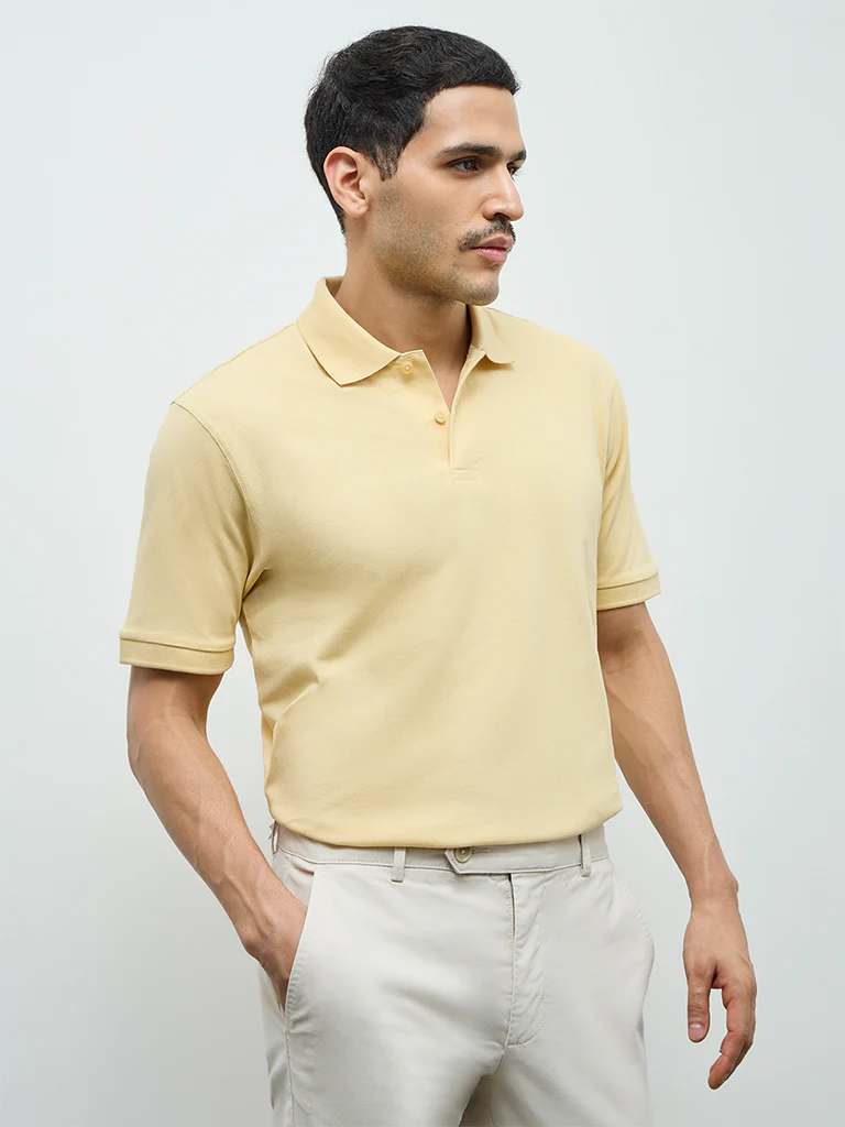 WES Casuals Yellow Relaxed-Fit Cotton-Blend Polo T-Shirt - Image 3