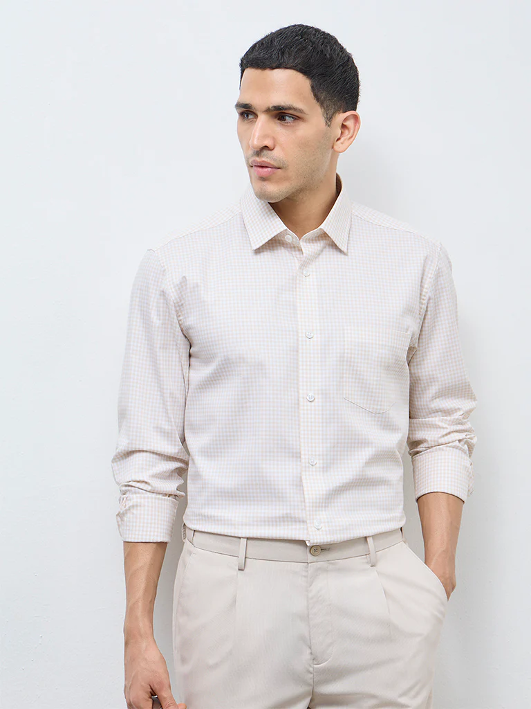 WES Formals Beige Checkered Relaxed-Fit Cotton Shirt - Image 2