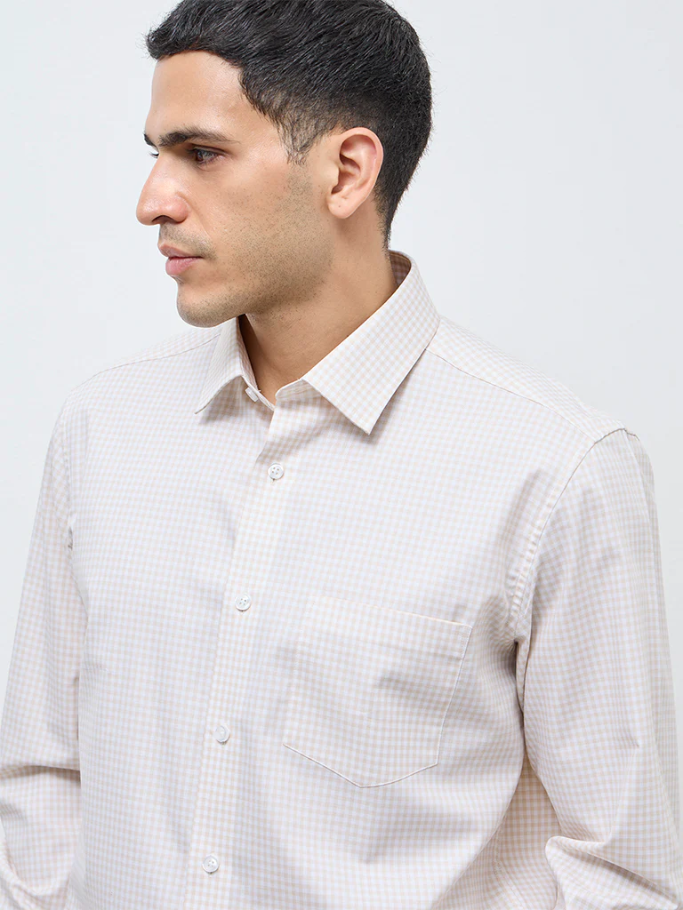 WES Formals Beige Checkered Relaxed-Fit Cotton Shirt - Image 3