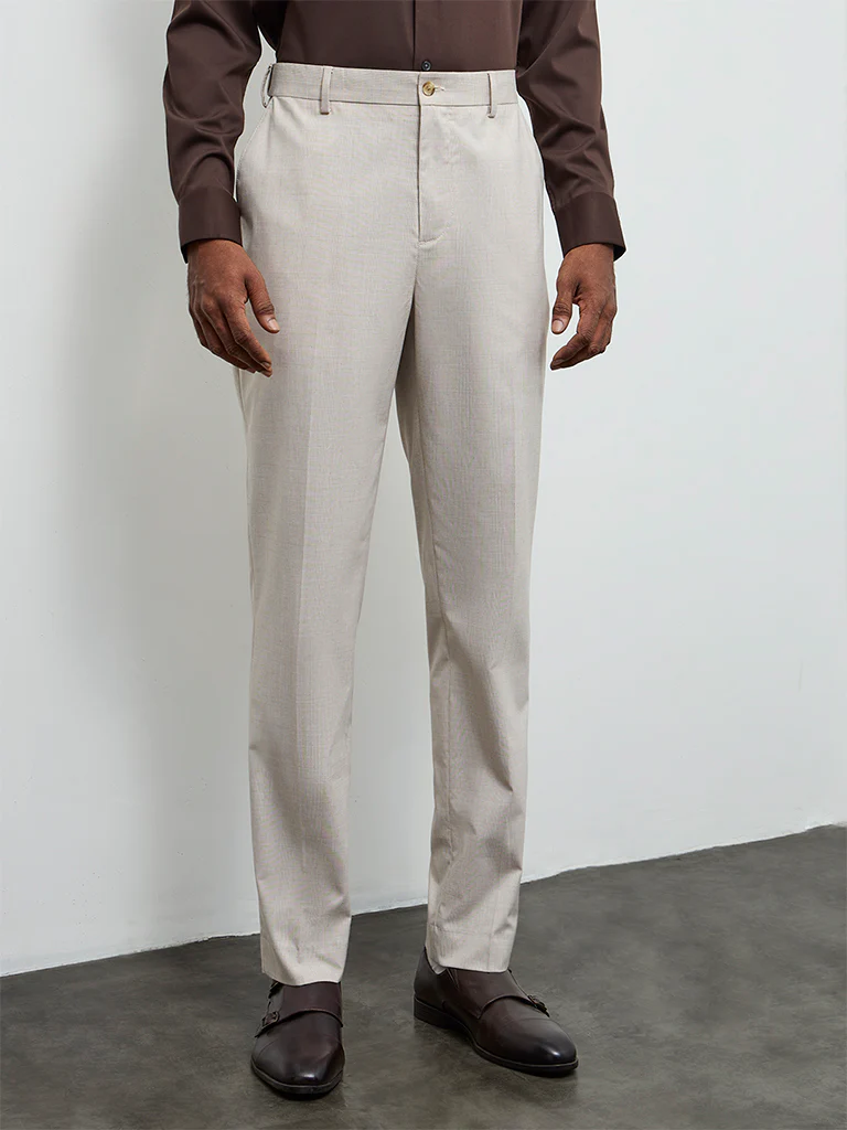 WES Formals Beige Checkered Relaxed-Fit Mid-Rise Trousers - Image 2