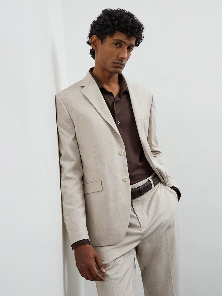 WES Formals Beige Checkered Slim-Fit Blazer
