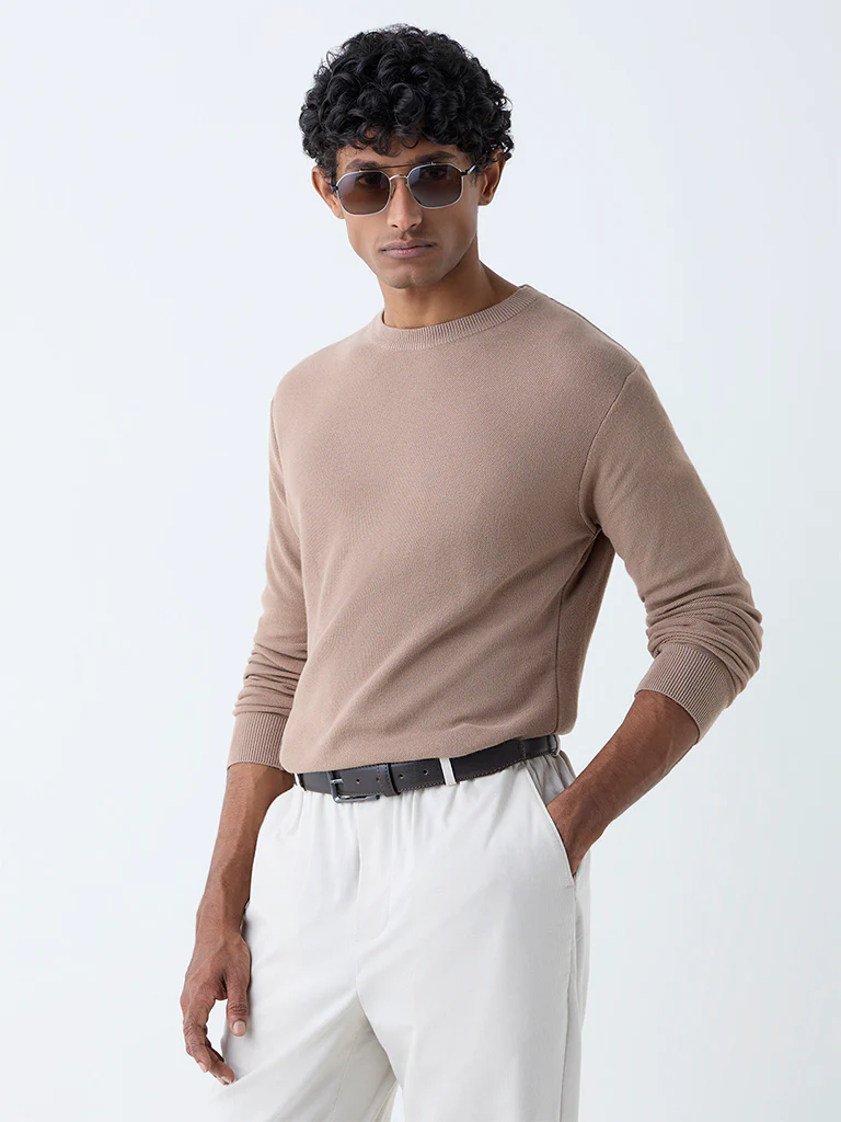 WES Formals Beige Knitted Slim-Fit Sweater