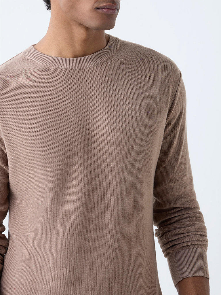 WES Formals Beige Knitted Slim-Fit Sweater - Image 3