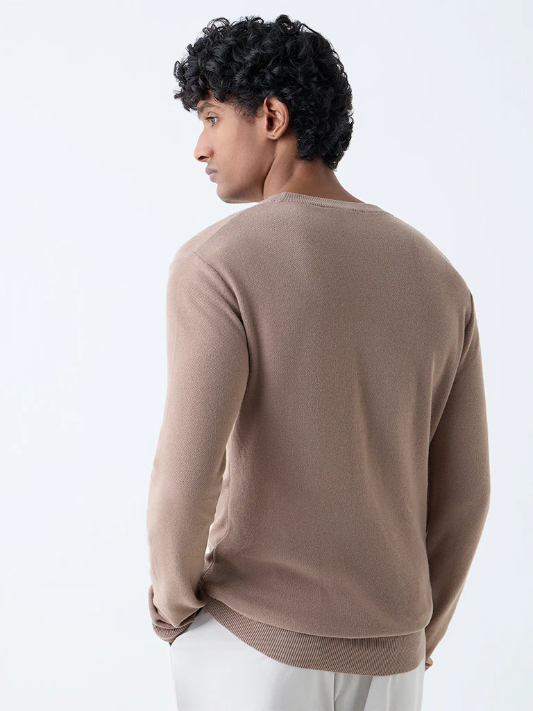 WES Formals Beige Knitted Slim-Fit Sweater - Image 4