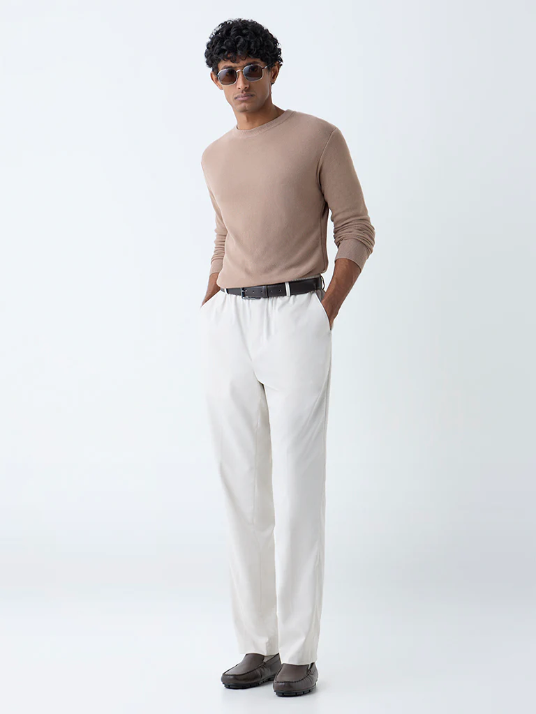 WES Formals Beige Knitted Slim-Fit Sweater - Image 5