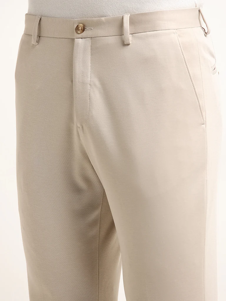 WES Formals Beige Mid Rise Slim Tapered Fit Trousers - Image 3