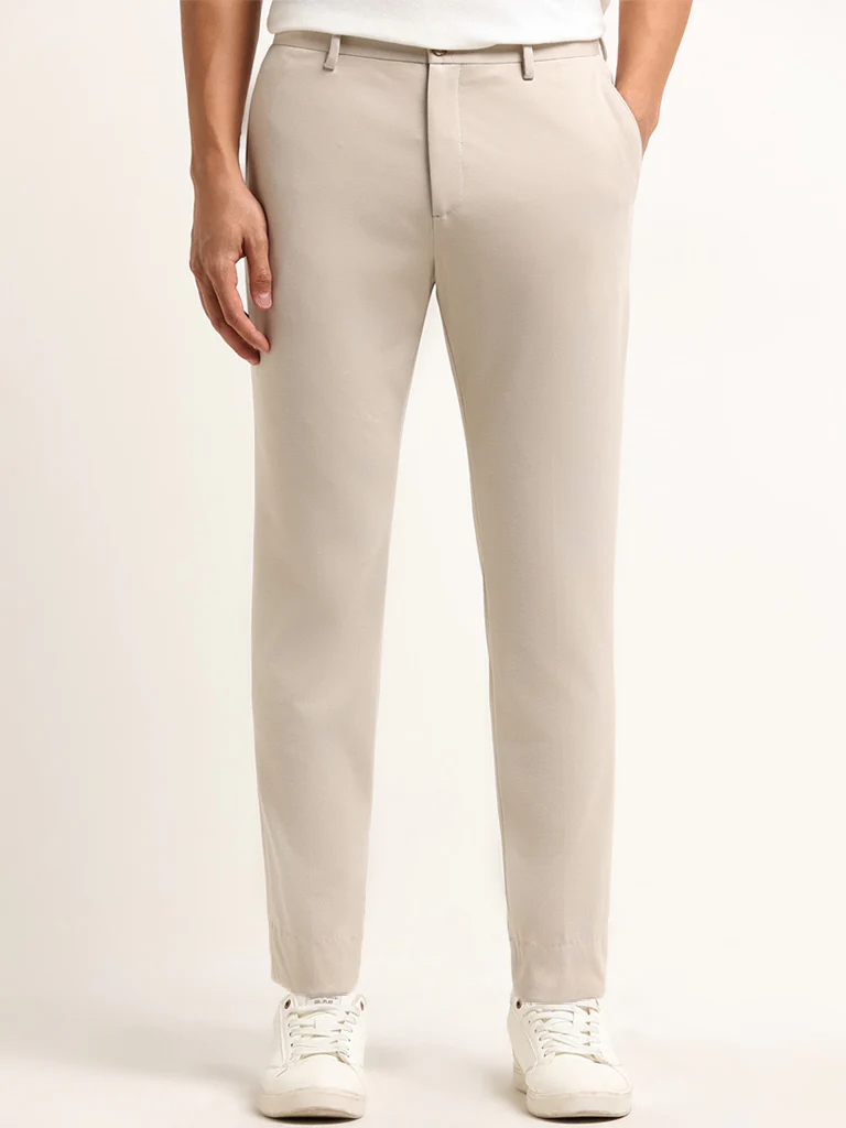 WES Formals Beige Mid Rise Slim Tapered Fit Trousers - Image 4
