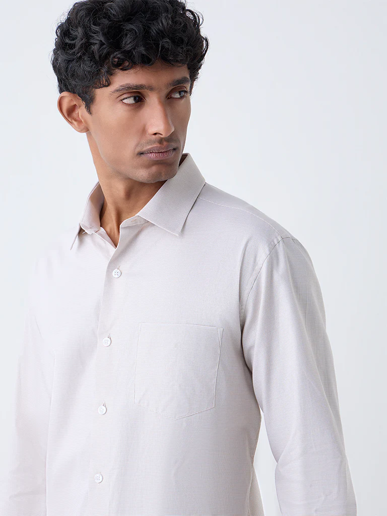 WES Formals Beige Self-Patterned Relaxed-Fit Cotton Shirt - Image 2