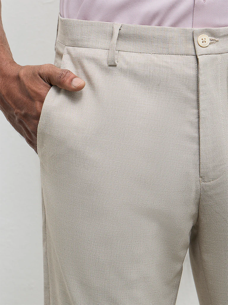 WES Formals Beige Slim-Fit Mid-Rise Trousers - Image 3