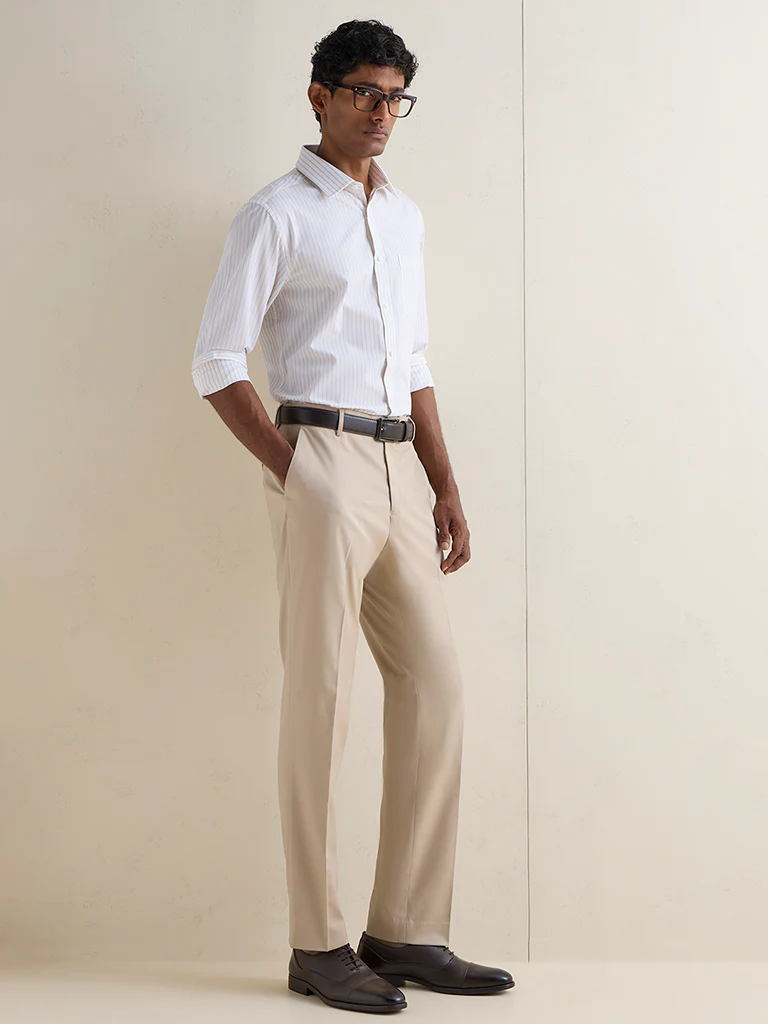 WES Formals Beige Solid Relaxed-Fit Mid-Rise Trousers
