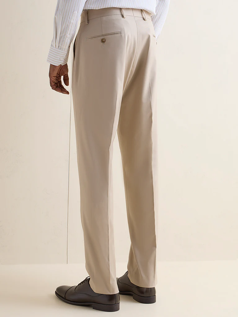 WES Formals Beige Solid Relaxed-Fit Mid-Rise Trousers - Image 4