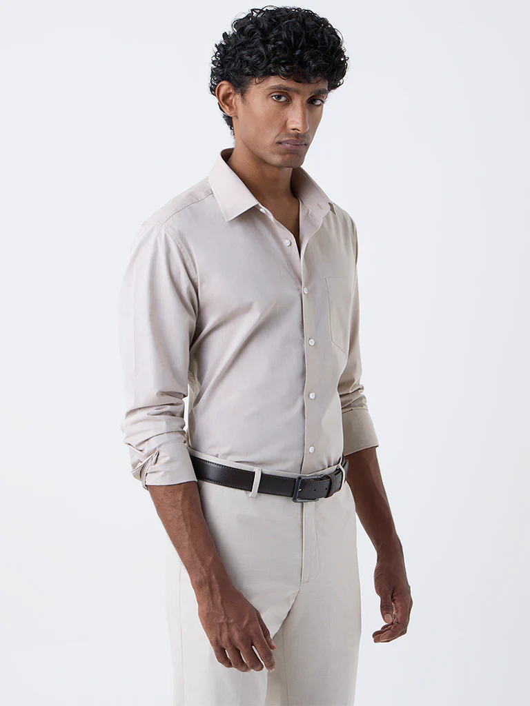 WES Formals Beige Solid Slim-Fit Cotton Shirt