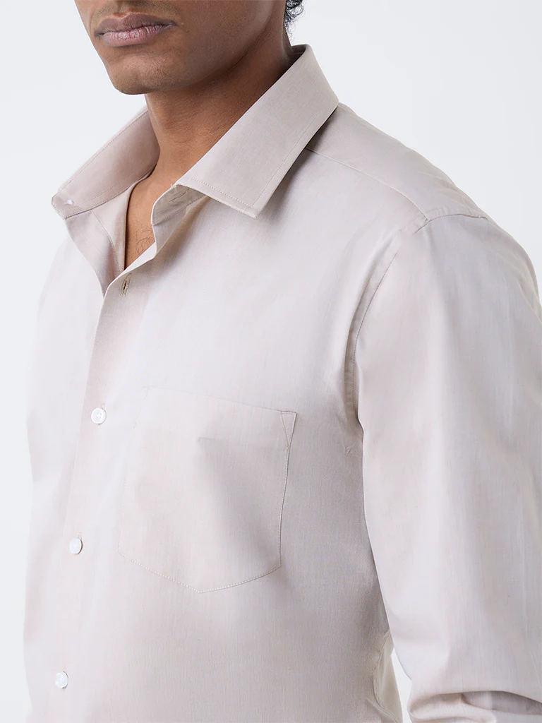 WES Formals Beige Solid Slim-Fit Cotton Shirt - Image 2